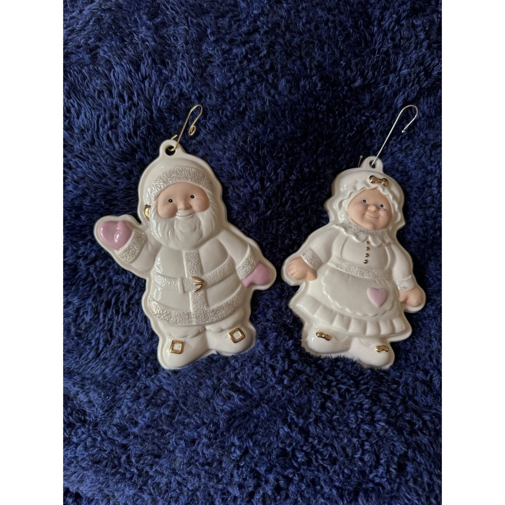 Vintage Lenox Santa Mrs Claus Cookie Mold Ornament Set Ceramic Bisque Gold